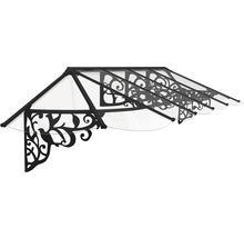 Dörrtak med filigran, svart metallram och transparent täckning