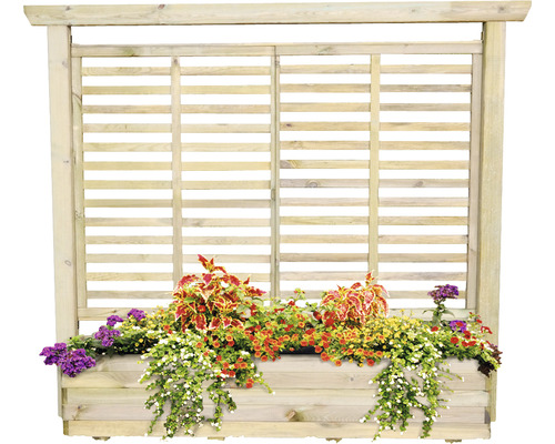 Träplanteringslåda med spaljé och färgglada blommor