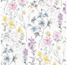 Blommig tapet med blommönster i gult, blått, rosa och violett