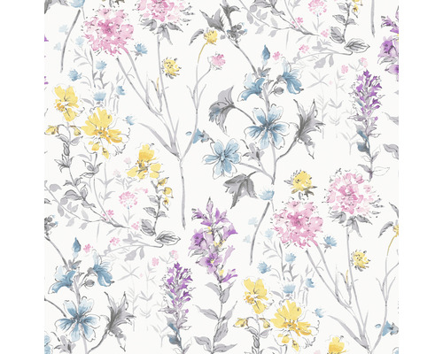 Blommig tapet med blommönster i gult, blått, rosa och violett