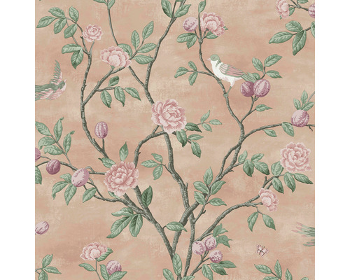 Tapet LAURA ASHLEY Eglantine Blush rosa 113372 Tapet med blommor, blad, frukter och fåglar på grenar