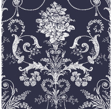 Detaljvy av en blommig non-woven tapet med ornament