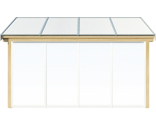 Träcarport med transparent tak och fyra väggar
