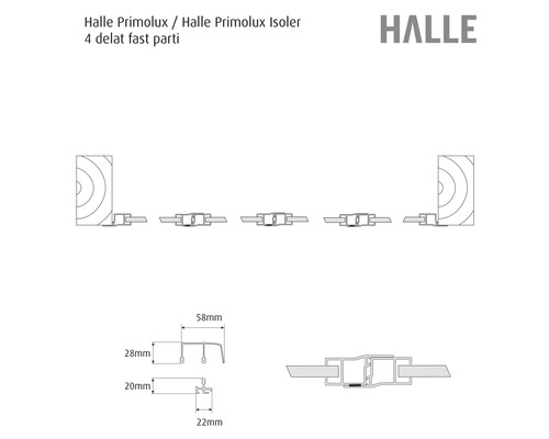 Halle Primolux Isoler profilsystem, schema med dimensioner