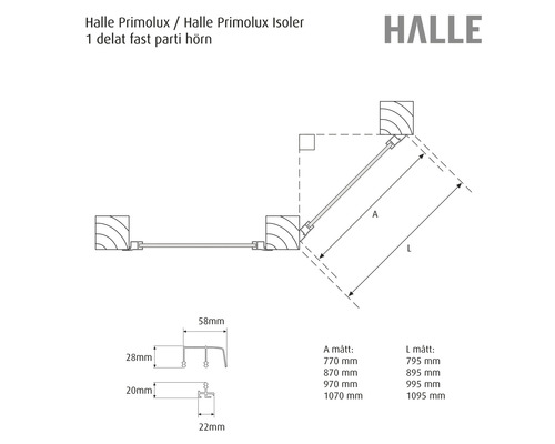 Halle Primolux hörnförbindelse, mått och detaljer