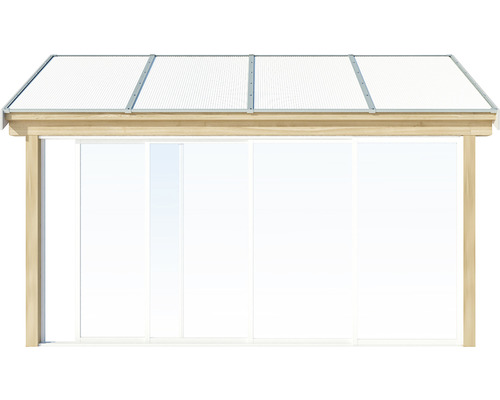 Pergola i trä med transparent tak och glasskjutdörrar