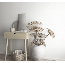 Dekorativ scen med ett träbord, en vas med torkade blommor och dekorativa element.