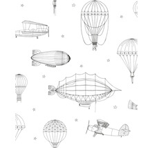 Illustration av flygplan, luftskepp och ballonger på ett tygmönster.