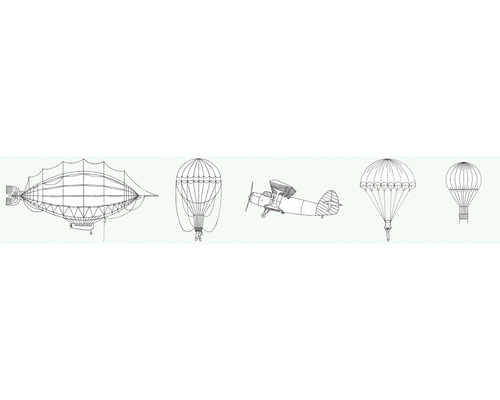 Tapetbård MARBURG Luftballong grön 17,6x500cm Illustration av luftskepp, ballong och flygplan