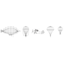 Illustration av olika flygande objekt som zeppelinare, luftballong och flygplan