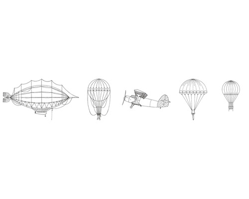 Tapetbård MARBURG Luftballong vit 17,6x500cm Illustration av olika flygande objekt som zeppelinare, luftballong och flygplan