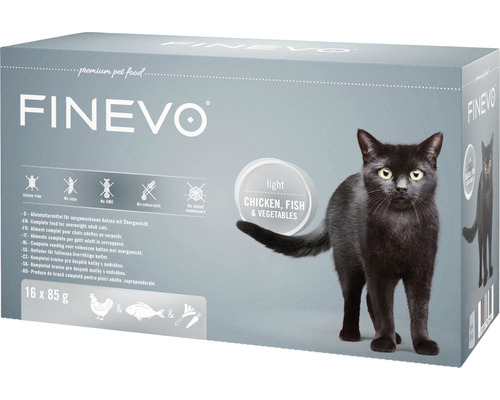 Kattmat FINEVO Light Cat kyckling, fisk, morötter 16x85g FINEVO Foder för överviktiga katter, 16 x 85 gram