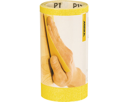 Mirka slippappersrulle med bild av en hand som slipar trä