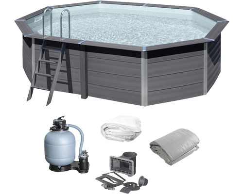 Åttkantig pool med stege, sandfilteranläggning, täckväv och inbyggnadsdelar