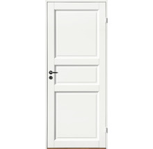 Vit innerdörr med tre fyllningar och dörrhandtag