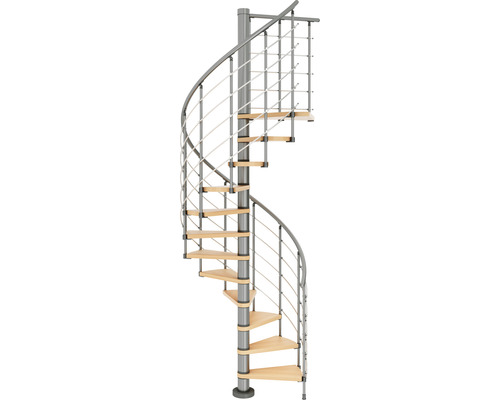 Spiraltrappa med trätrappsteg och metallräcke