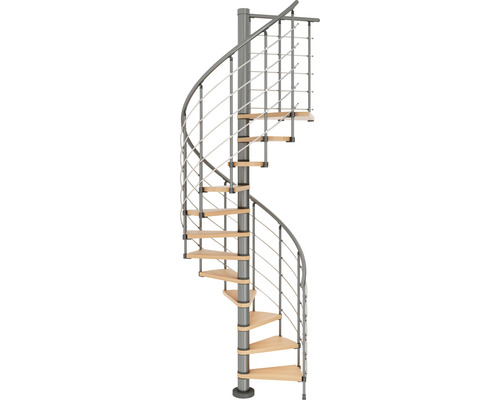 Spiraltrappa med trätrappsteg och metallräcke