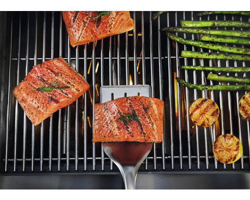 Lax, sparris och citroner på en grill