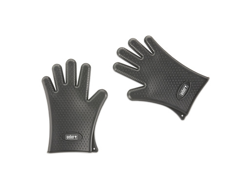 Två grillhandskar i silikon med Weber-logotyp