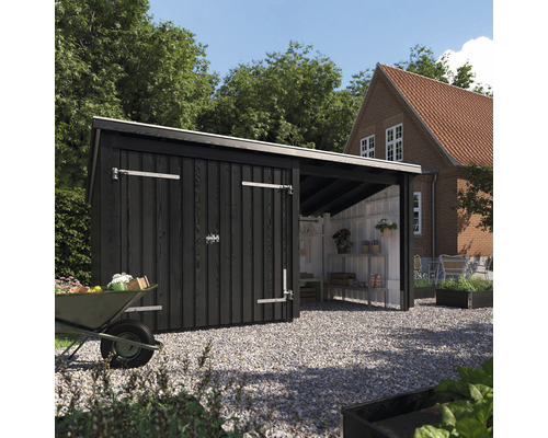 Trädgårdsskjul med trädörrar och sidoställning för förvaring av trädgårdsredskap och tillbehör