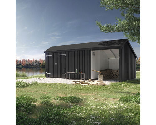 Trädgårdshus i trä med öppen sida för förvaring av ved och trädgårdsredskap