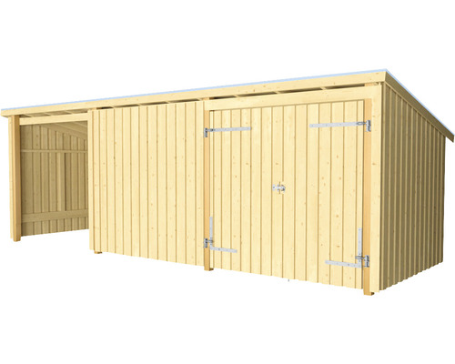 Träskjul med dubbeldörr och öppen förvaringsplats