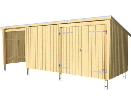 Träbod med dubbeldörr och öppen förvaringsyta