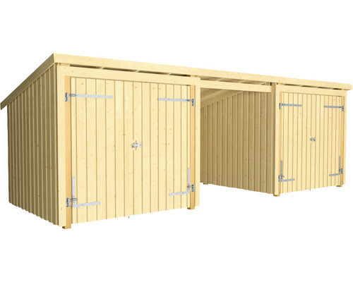 Förråd PLUS Nordic Multi 14m² 3 moduler med 2 dubbeldörrar & öppen framsida Dubbel carport i trä med två låsbara förråd