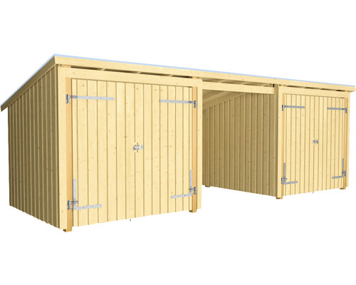 Förråd PLUS Nordic Multi 14m² 3 moduler med 2 dubbeldörrar & öppen framsida inkl. takpapp & aluminiumlister