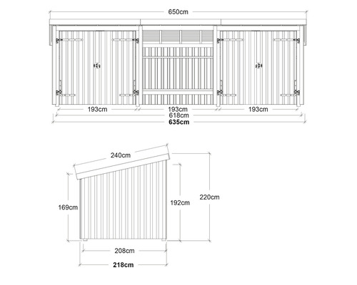 Teknisk ritning av ett trädgårdsskjul med måttangivelser