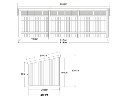 Teknisk ritning av ett trädgårdsskjul med mått