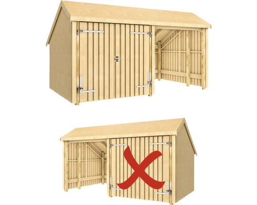 Träbod med dubbeldörr och extra täckt förvaringsutrymme