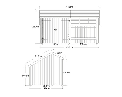 Teknisk ritning av ett trädgårdsskjul med mått