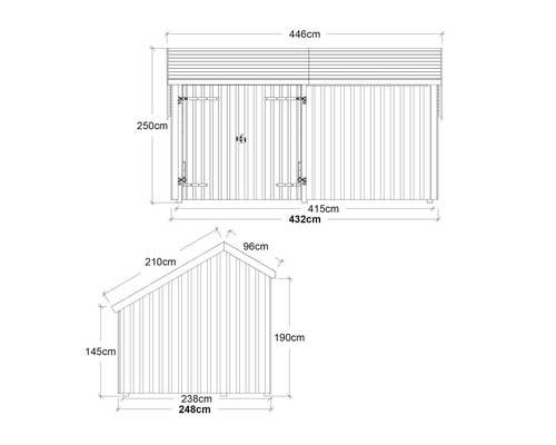 Teknisk ritning av ett trädgårdsskjul med mått.