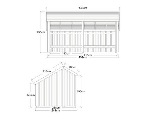 Teknisk ritning av en översikt av redskapsboden med dimensioner