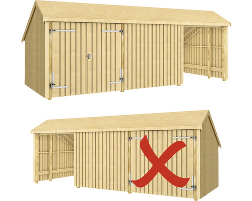 Bild av en träbod med dubbeldörr och ett öppet utrymme