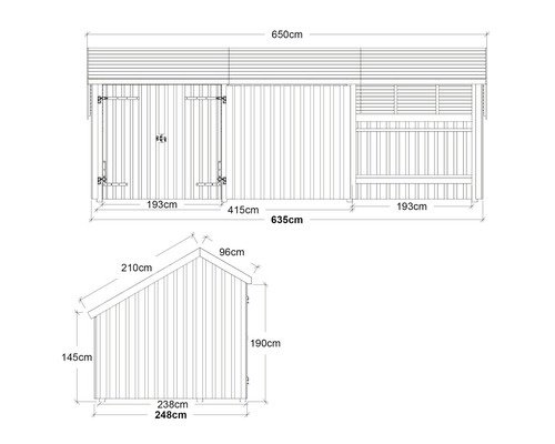 Teknisk ritning av ett trädgårdsskjul med måttangivelser