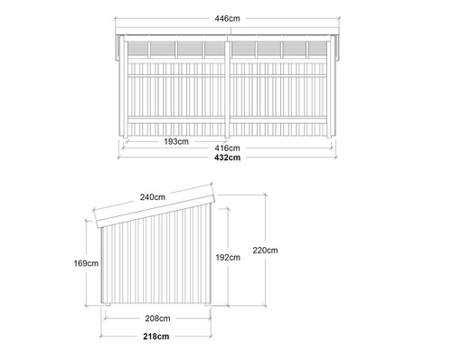 Teknisk ritning av ett trädgårdsskjul med mått i centimeter.
