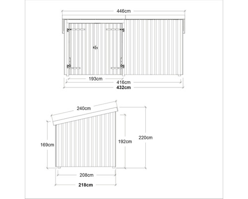 Teknisk ritning av ett trädgårdsskjul med mått