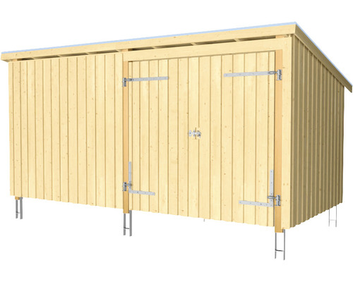 Trädgårdshus i trä med dubbeldörr på metallfundament