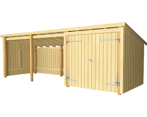 Träbod med förråd och två carportar