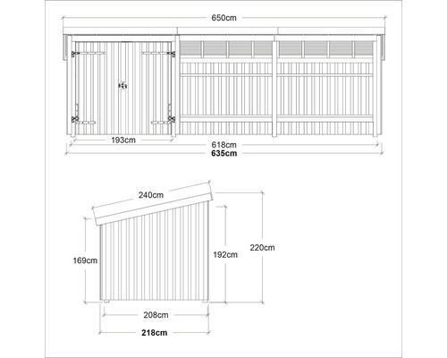 Teknisk ritning av ett trädgårdsskjul med mått