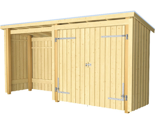 Trädgårdsskjul i trä med dubbeldörr och öppen sidoanex