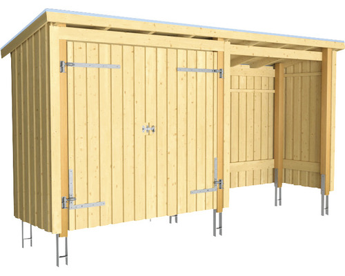 Trädgårdsskjul i trä med dubbeldörr och öppen förlängning