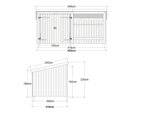 Teknisk ritning av ett trädgårdsskjul med dimensioner