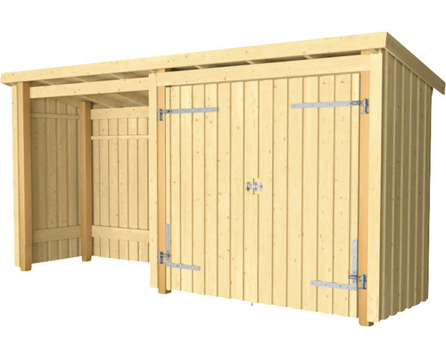 Redskapsbod i trä med dubbeldörr och öppen förvaringsyta