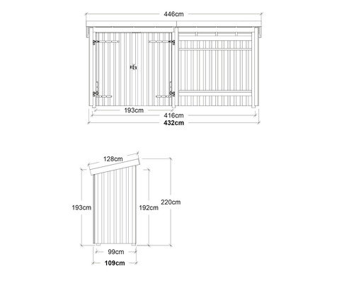 Teknisk ritning av ett trädgårdsskjul med mått