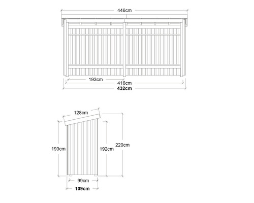 Teknisk ritning av ett trädgårdsskjul med mått.