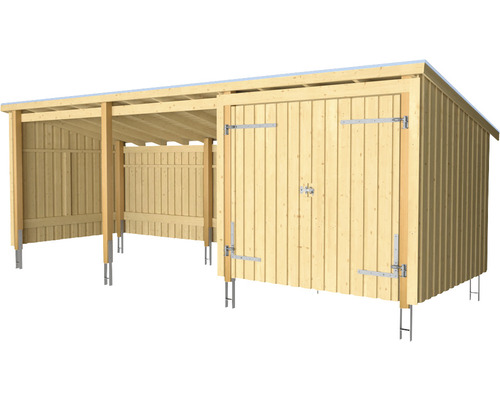 Träbod med två öppna skydd för förvaring av trädgårdsredskap och ved