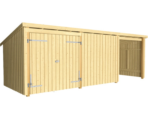 Förråd PLUS Nordic Multi 14m² 3 moduler med dubbeldörr och stängd/öppen framsida Trädgårdshus i trä med dubbeldörr och utbyggnad